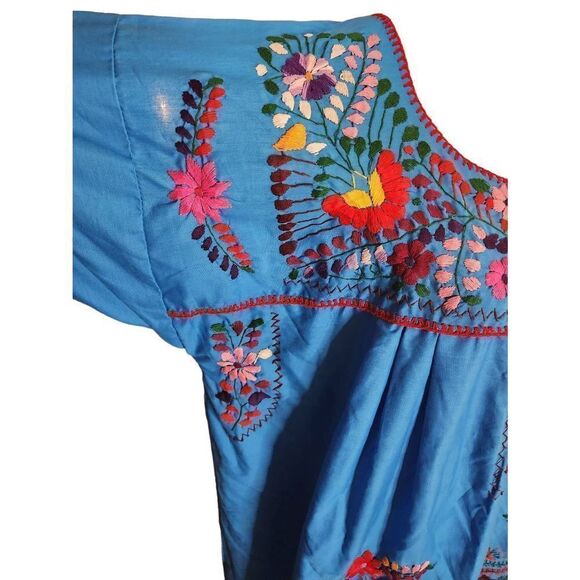 Blue 70s Embroidered Floral Kaftan Hpuse Dress Maxi Colourful - Picture 4 of 7